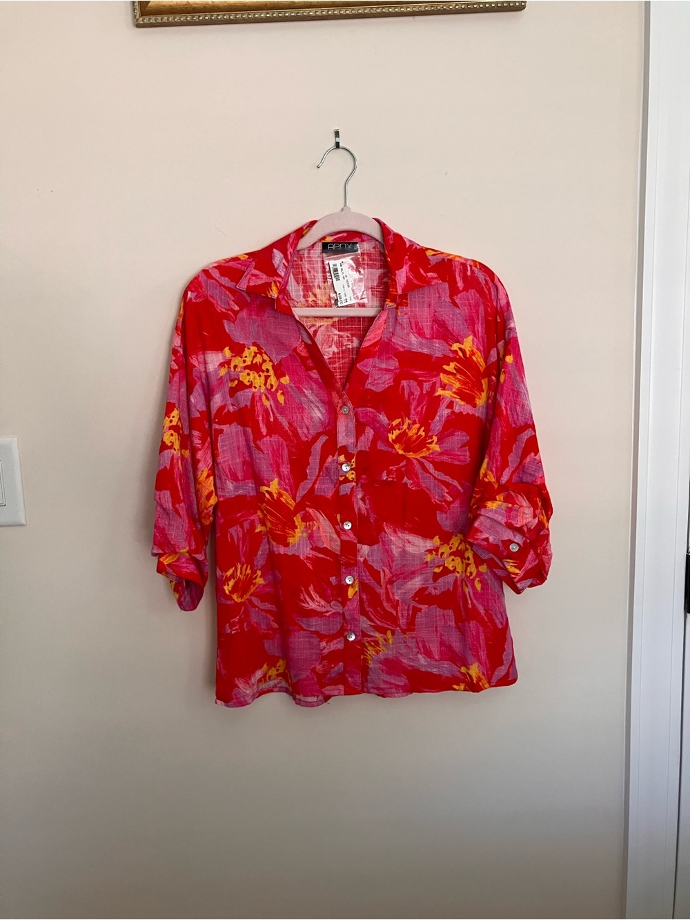 APNY Red Floral Button-Down Shirt with Pink and Yellow Accents